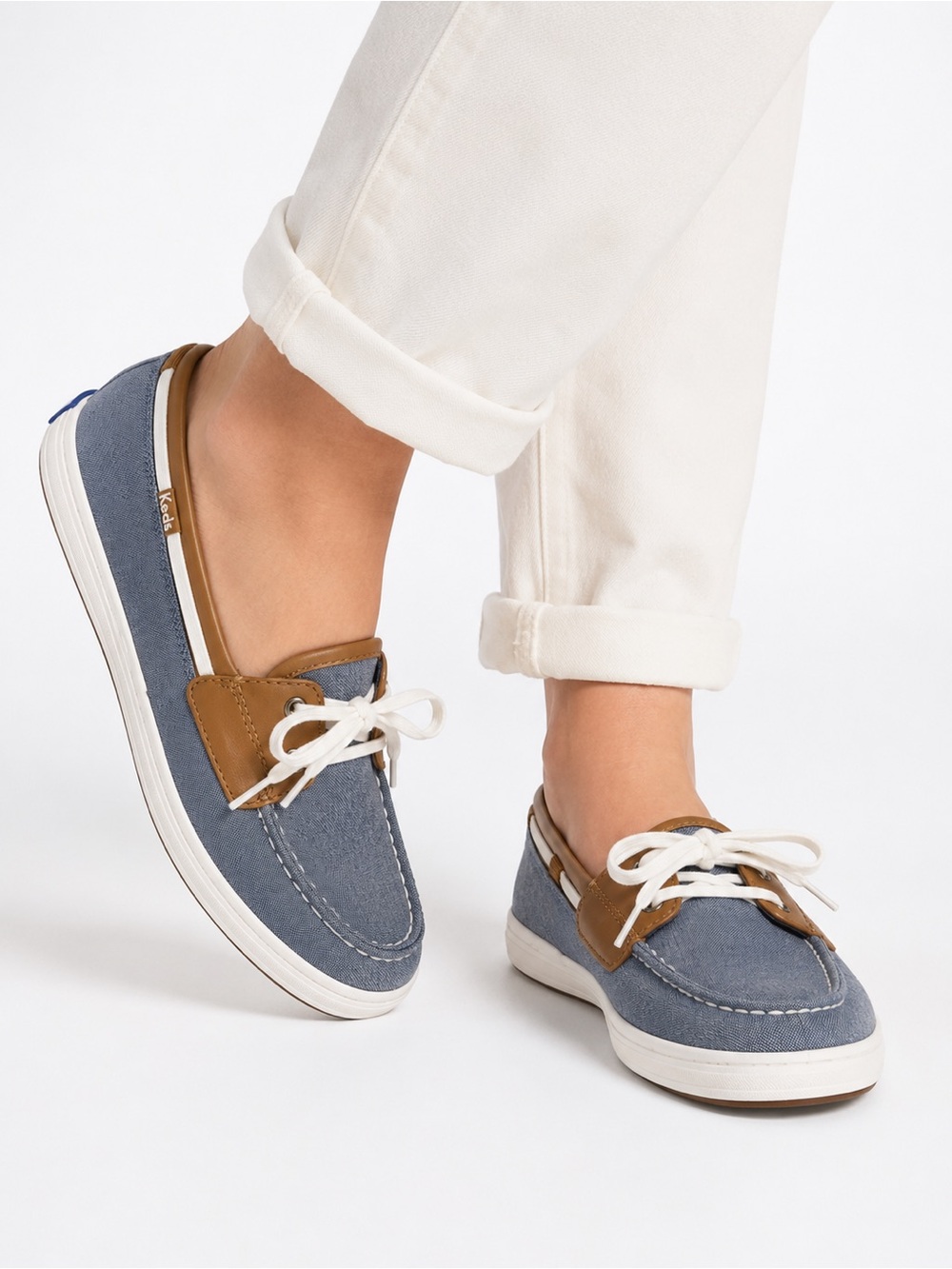 Keds Ortholite Canvas Boat Shoes Chambray Blue & Tan Lace-Up Sneakers Women’s 8